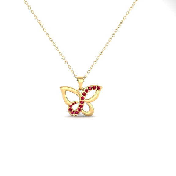 Pure Elegance Curved Design Cute Small Butterfly Ruby Gemstones 925 Sterling Silver 14K Rose Gold Over Women Pendant Necklace