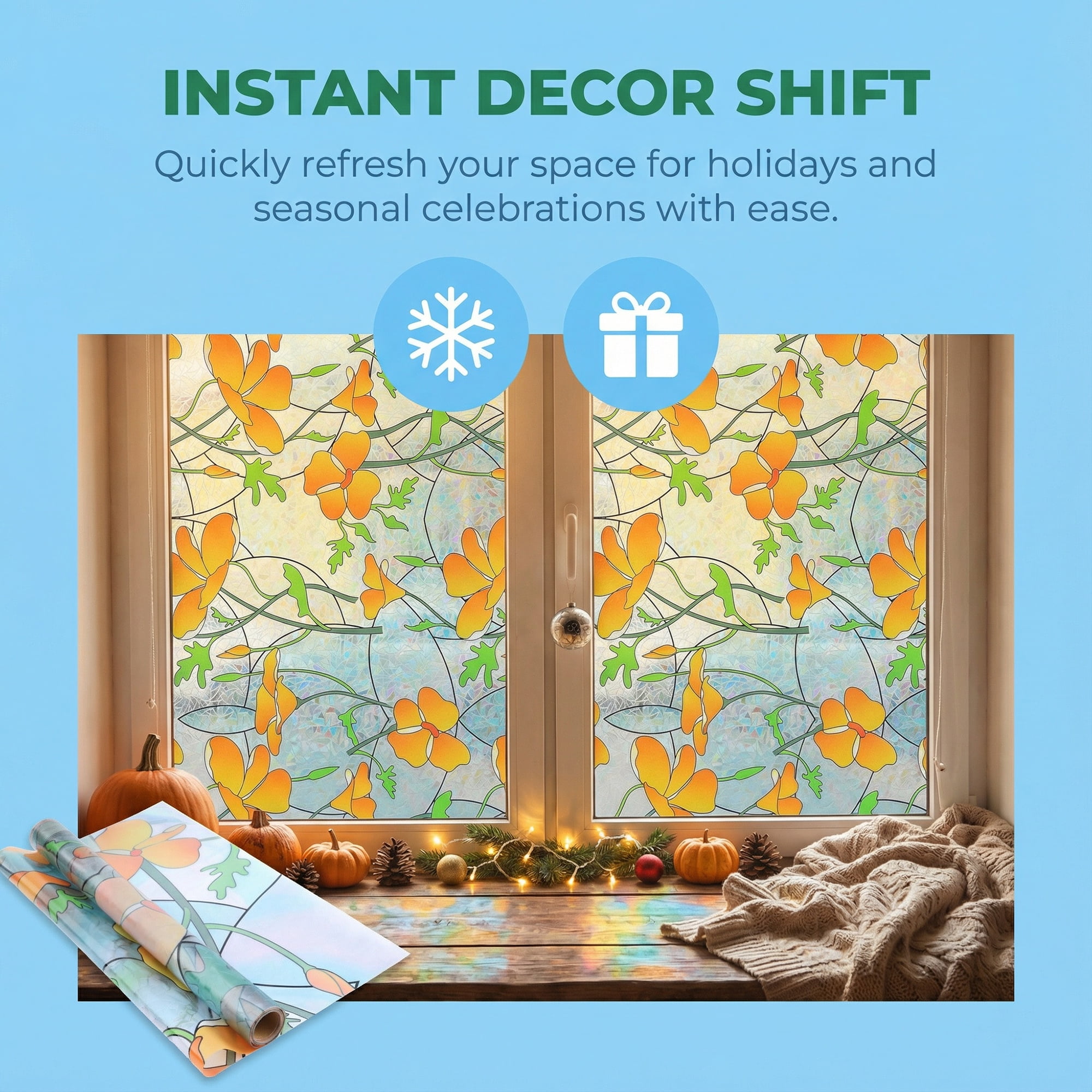 Unique Bargains Static Cling Floral 3D Prism Window Privacy Film Yellow 39.4" x 23.6"