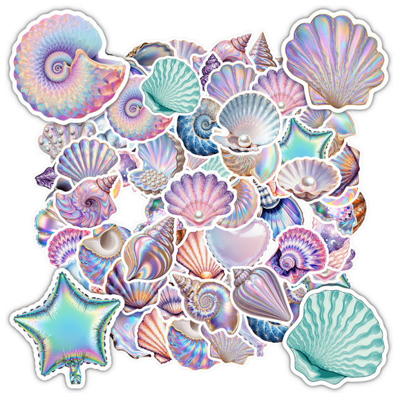 35pcs-50pcs Iridescent Stickers Pack Seashell Sticker Marine Stickers Set Nautical Kids Stickers Toy DIY Stickers for Laptops Suitcase