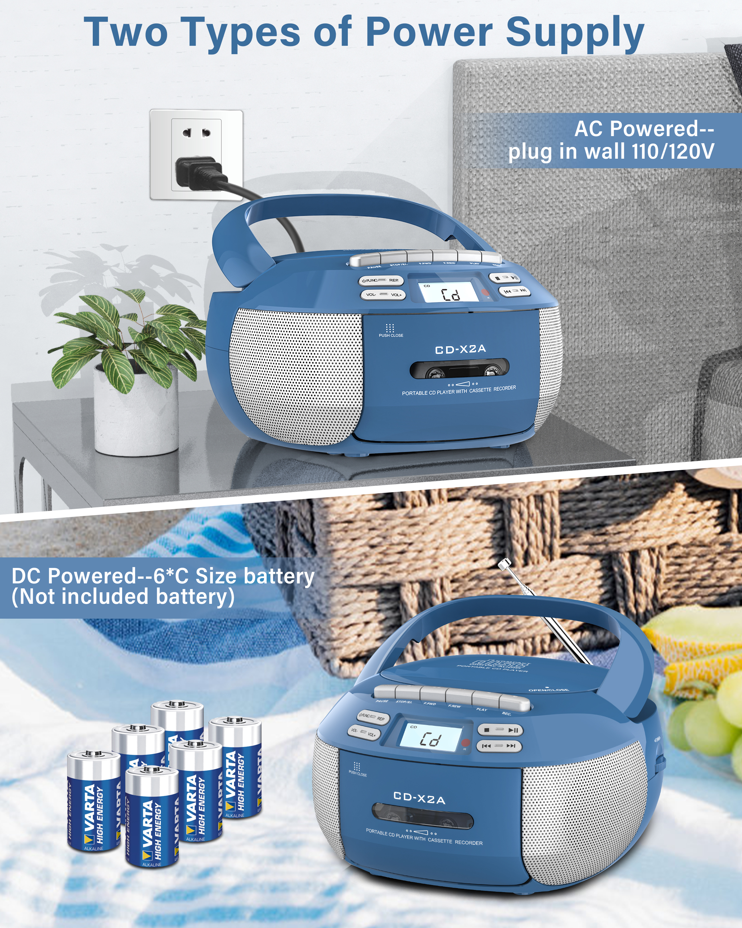 Jazmm CD Player Boombox with Bluetooth, Blue photo 2