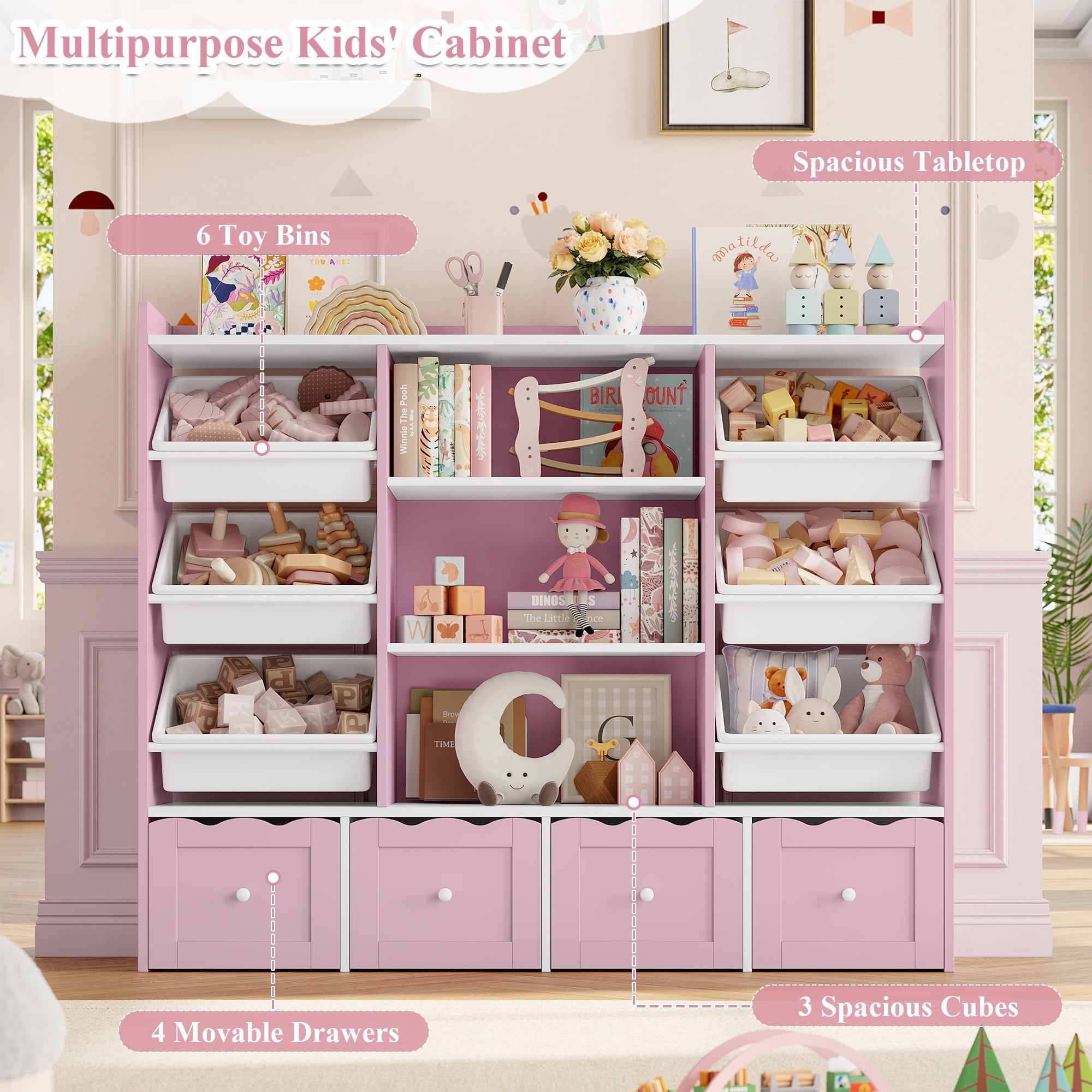 Hiphuta 55" Wide Toy Storage Organizer with 4 Removable Drawers, 4-Tier Kid Bookcase with 6 Bins, Toy Organizer with Bookcase for Kid Bedroom Playroom, Pink & White