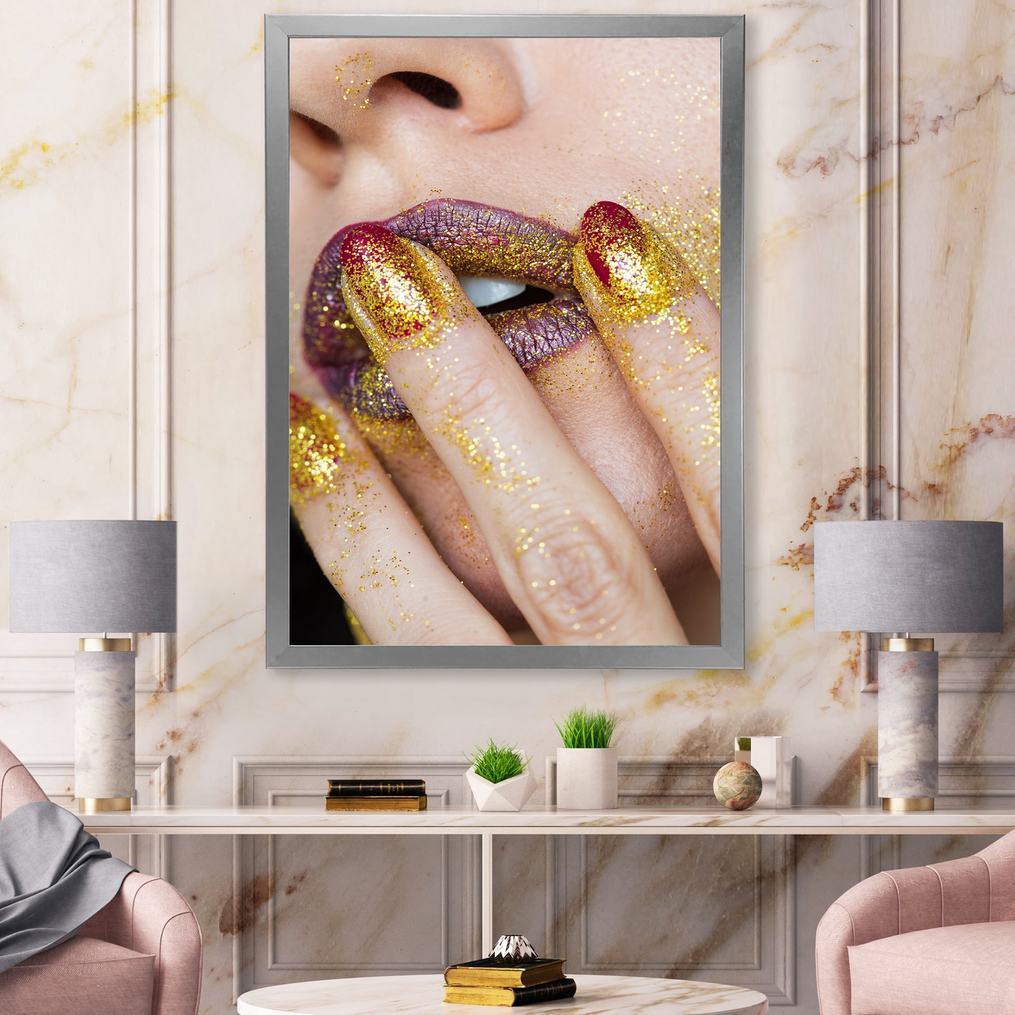 Designart 'Close-Up Of Woman Golden Gold Glitter Lipstick' Modern Framed Art Print