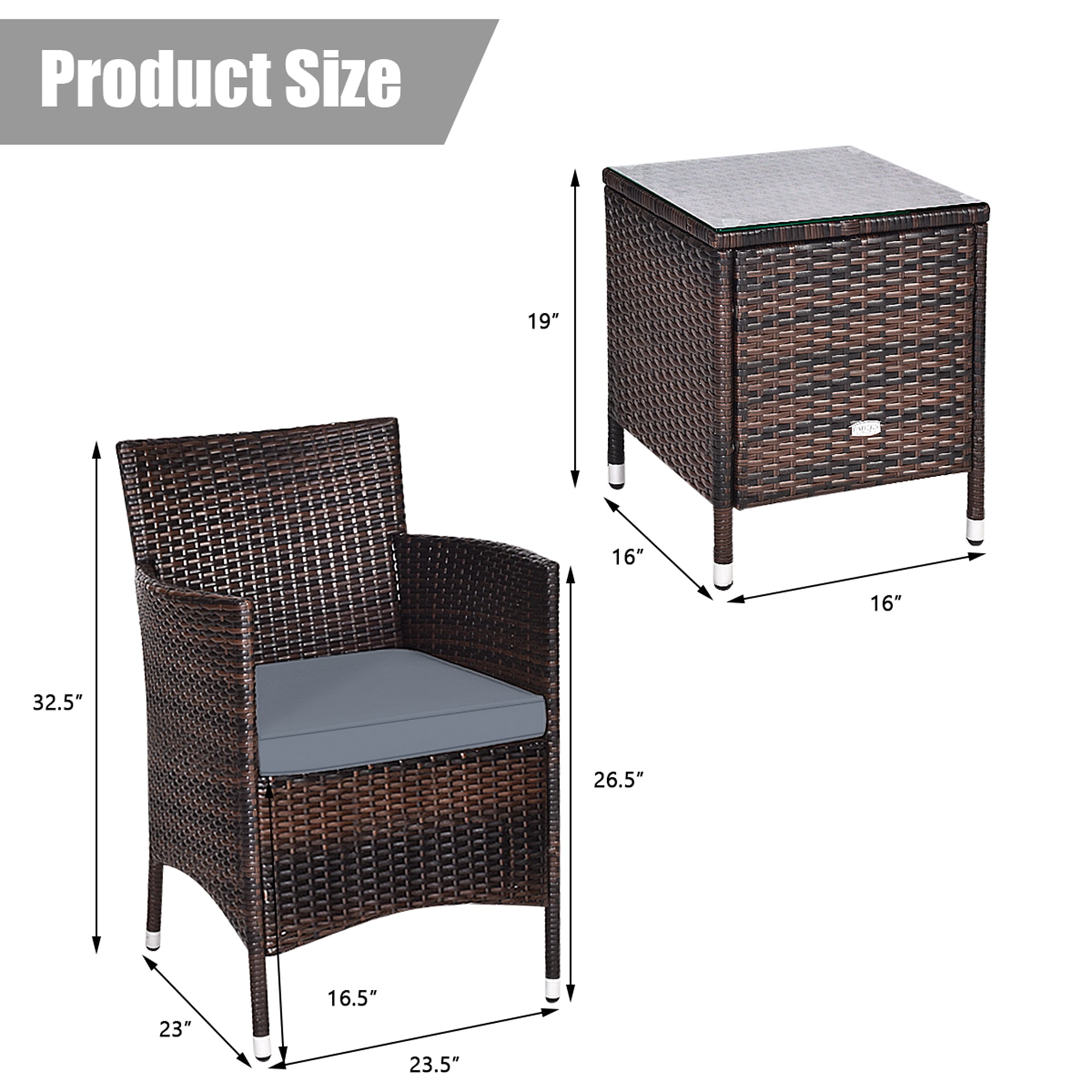 Gymax 3PCS Patio Rattan Chair & Table Furniture Set Outdoor w/ Grey Cushion