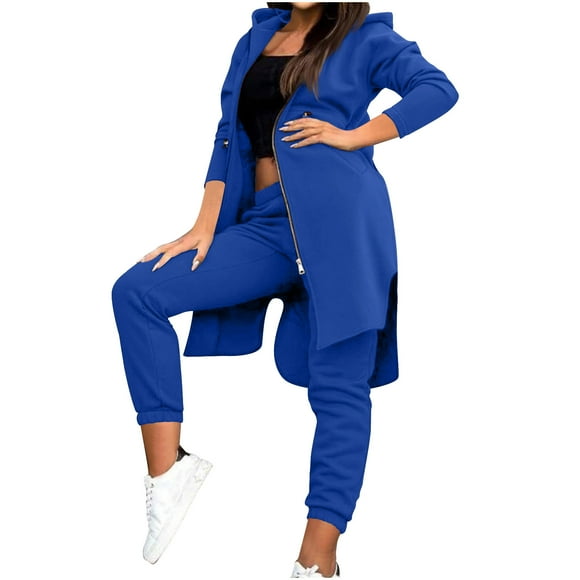 UAMVSH Women's Hoodie and Sweatpants Sets Casual Zip up Fleece Sweatsuit 2 Piece Outfits Fashion Long Sweatshirt with Jogger Pants(MediumBlue)