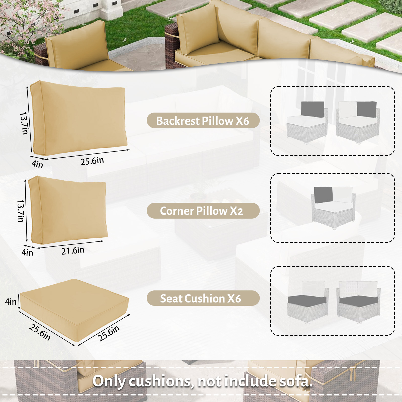 HONEY HOME 14 Piece Patio Sectional Cushions Relacement, 4" Outdoor Furniture Couch Cushion Fits 6-Seat Rattan Conversation Set, Waterproof, Fade-Resist