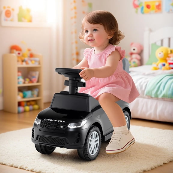 OLAKIDS Push Car for Toddlers, 3 in 1 Licensed Landrover Baby Ride on Toy with Parent Control Handle Safe Guardrails, Kids Sliding Walker with Under Seat Storage Horn for Boys Girls (Black)