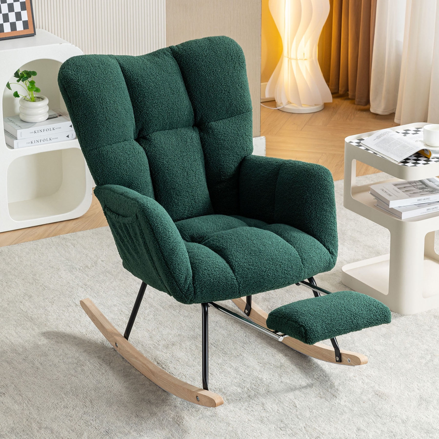 S-HOME Teddy Fabric Rocking Chair with Adjustable Footstool, High Backrest and Storage Pocket for Versatile Indoor Use, Green