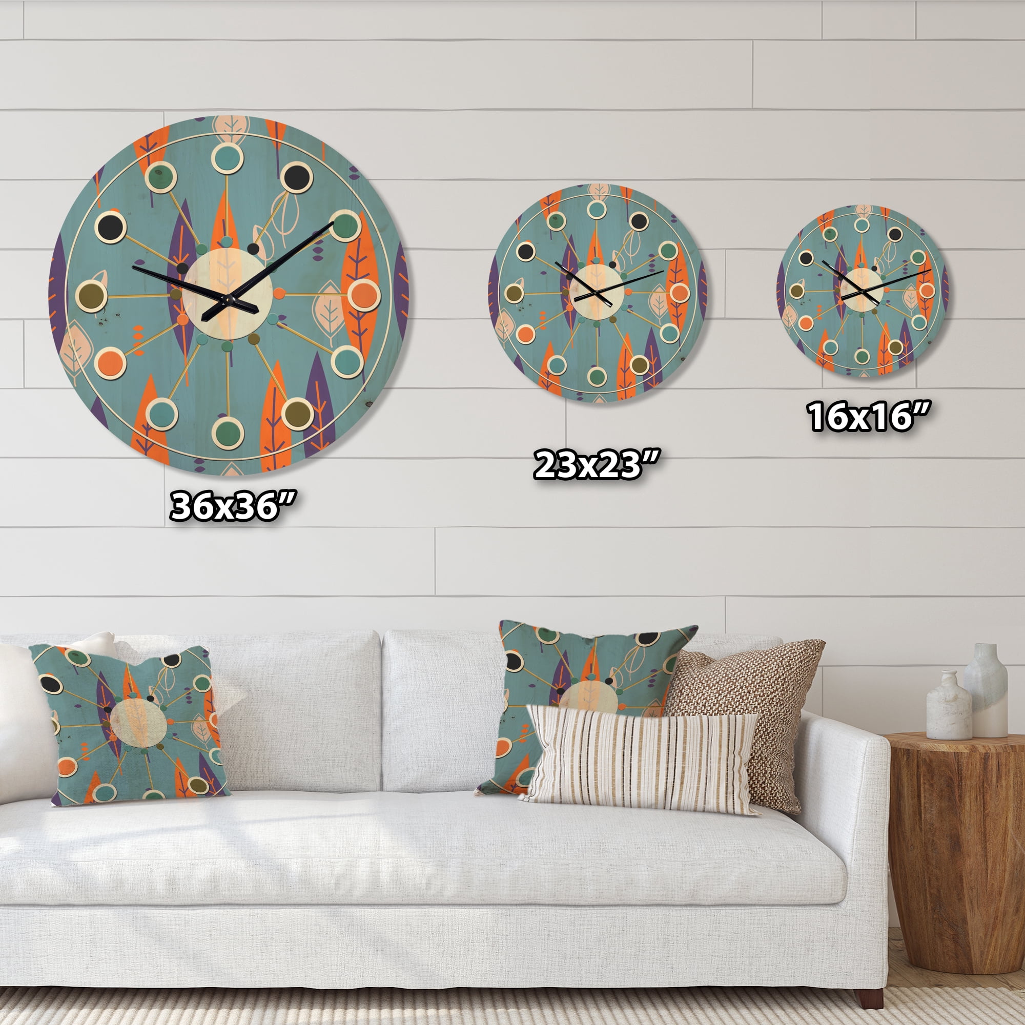 Designart 'Botanical Floral Retro Pattern II' Mid-Century Modern Wood Wall Clock