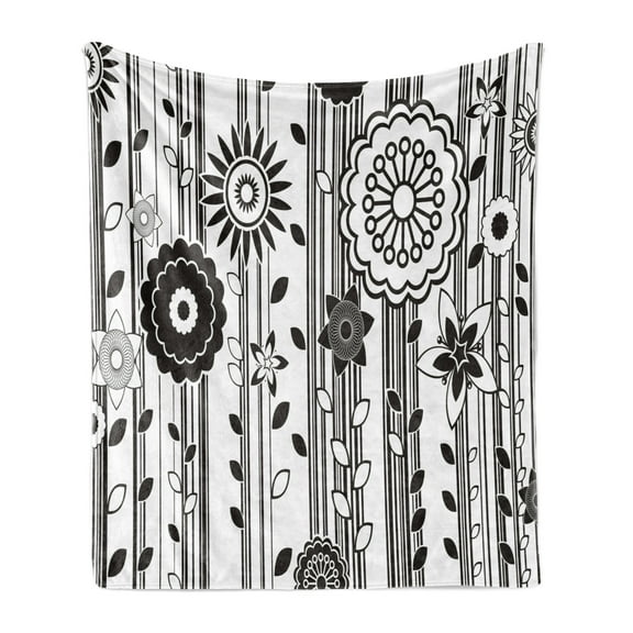 Black and White Soft Flannel Fleece Blanket, Monochrome Funky Blossoms Abstract Pattern Vertical Lines and Leaves, Cozy Plush for Indoor and Outdoor Use, 50" x 70", Black and White, by Ambesonne