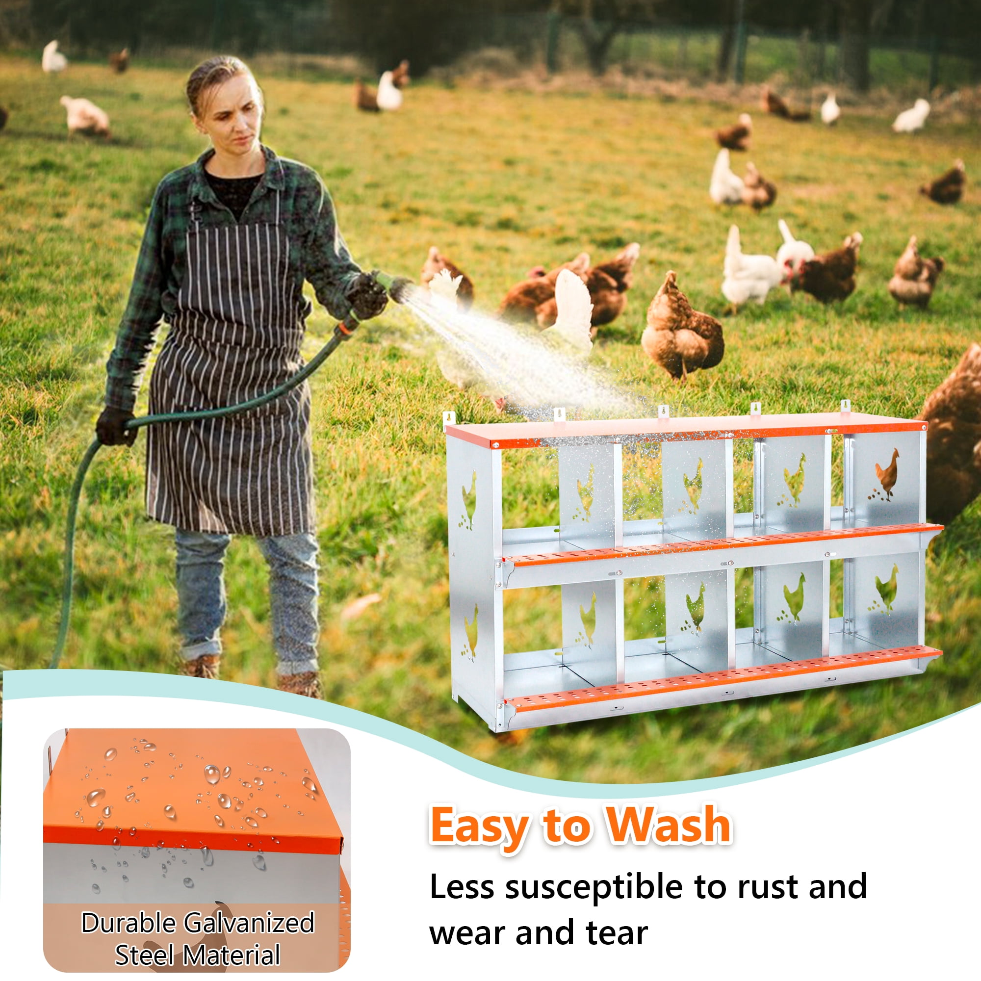 8-Bay Wall Mount Metal Nest Box for Hens Ducks, Galvanized Steel Poultry Coop Equipment with Vented Design, Easy Egg Collection & Assembly, Orange