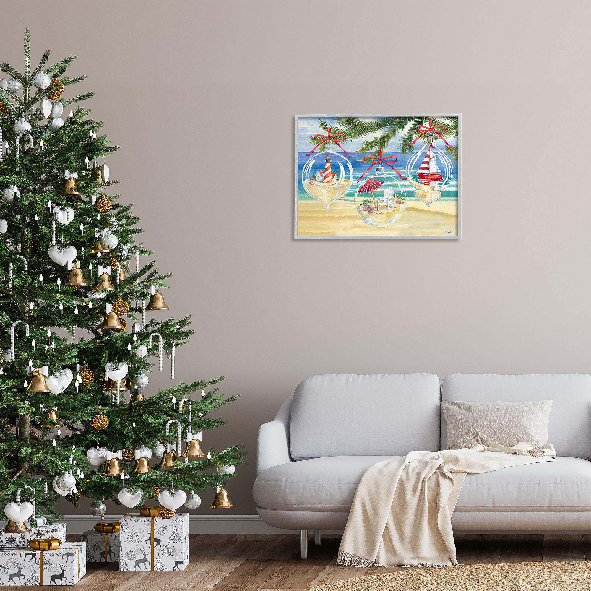 Stupell Industries Coastal Christmas Ornaments Holiday Painting Gray Framed Art Print Wall Art, 30 x 24