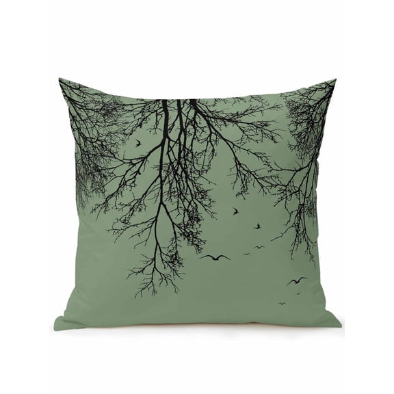 1 Pack Outdoor Throw Pillow, Green Black Branches Waterproof Pillow with Insert Included, Botanical Dead Tree Birds Decorative Accent Cushion Sofa Pillows for Patio Porch, 16 x 16 In