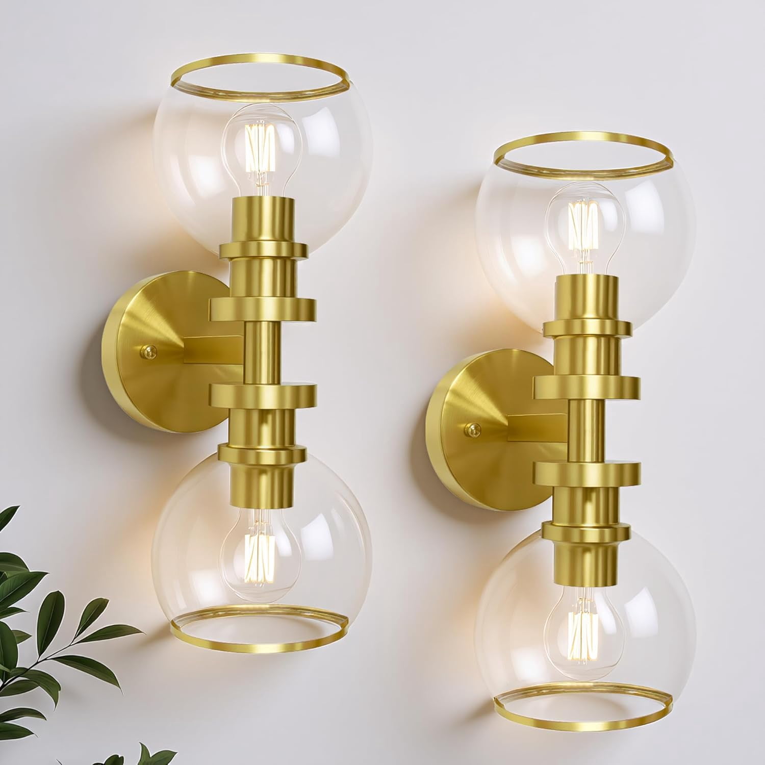 RGHJAR-Bathroom Sconces Set of Two, Brushed Gold Wall Sconces with Clear Glass, Hardwired Modern Sconces Wall Decor Set of 2, Wall Light Fixtures for Bathroom Living Room Mirror Hallway Bedroom