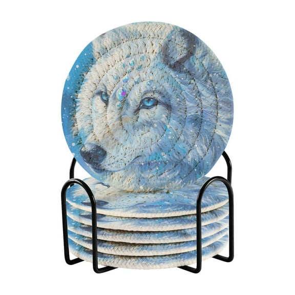 White Wolf with Gems Coasters with Holder for Coffee Table 6 Pcs Drink Coaster Sets Absorbent for Home Decor 4 inch