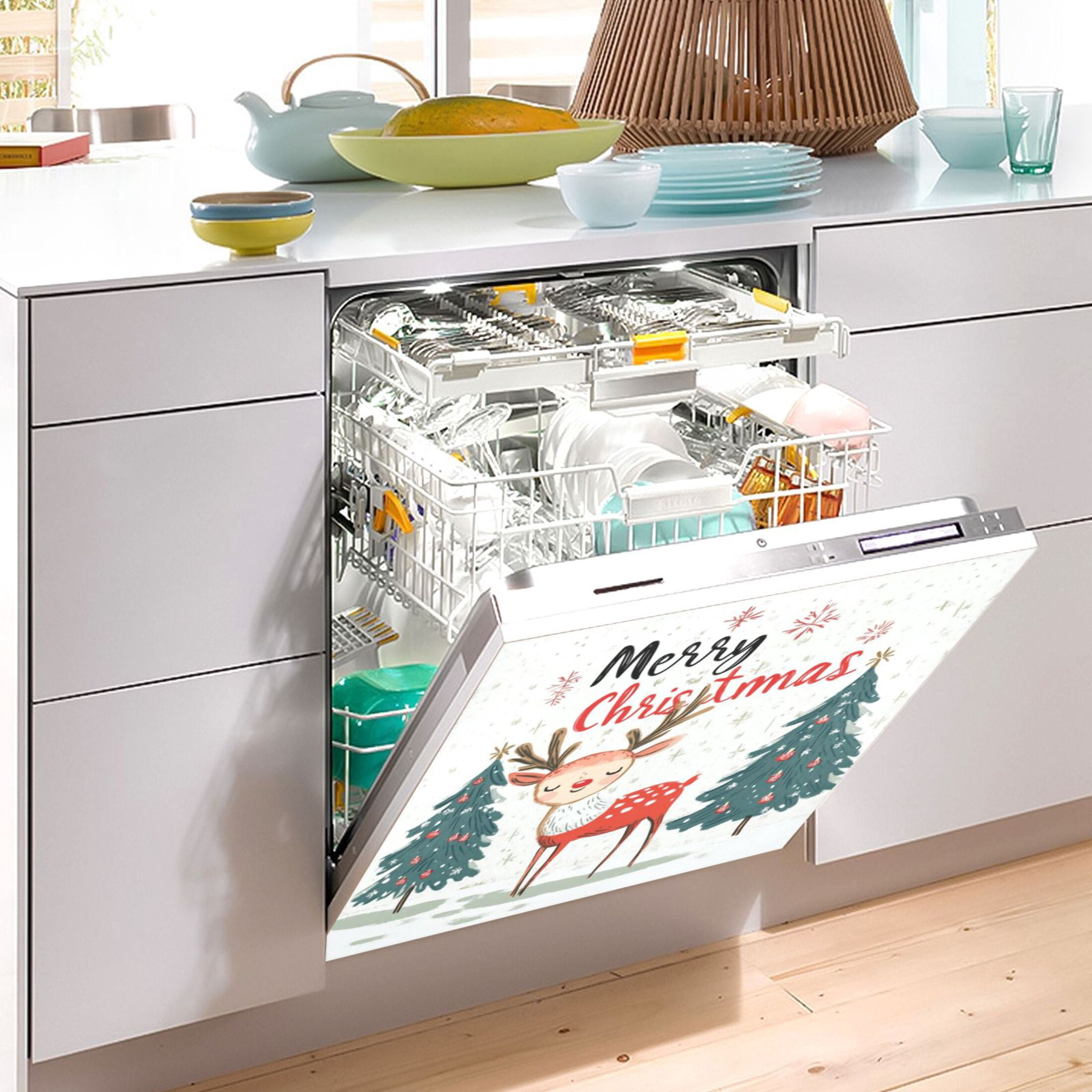 Dishwasher Magnetic Sticker 23x26 Inch Refrigerator Magnetic Sticker Washing Machine Magnetic Sticker Kitchen Panel Magnetic Sticker Home Decor Christmas Smiling Deer Picture