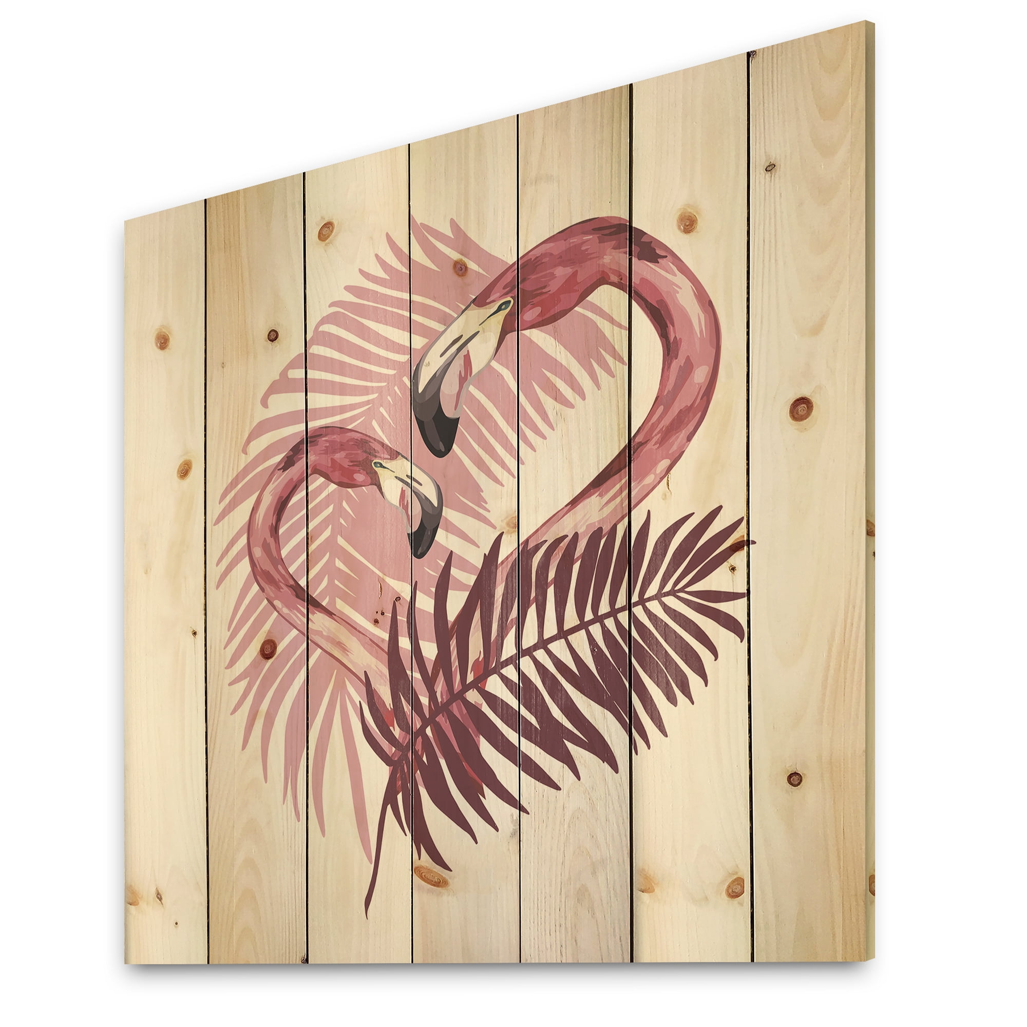 Designart 'Pink Flamingo In Tropical Summer II' Tropical Print on Natural Pine Wood