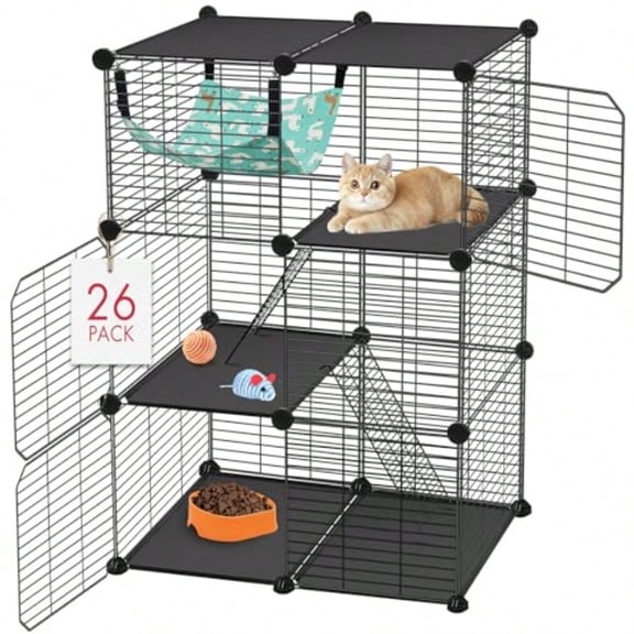 Cat Cage 3-Tier DIY Catio Cat Enclosures 24 x 16 x 36 Cat Playpen Indoor Outdoor with Hammock Detachable Metal Wire Kennel Cats Crate 2x1x3 Exercise Place for 1-2 Cats/Kitten