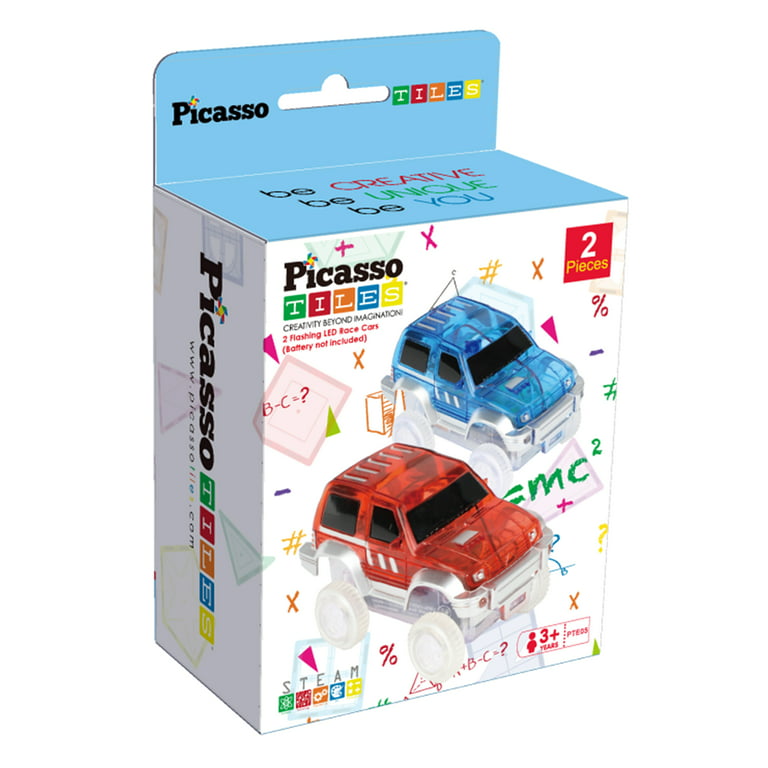PicassoTiles 2 Pcs Race Track Cars with Light up LED in Bulk Package, STEM  Learning Toys for Ages 3+ PTE05, Blue/Red 