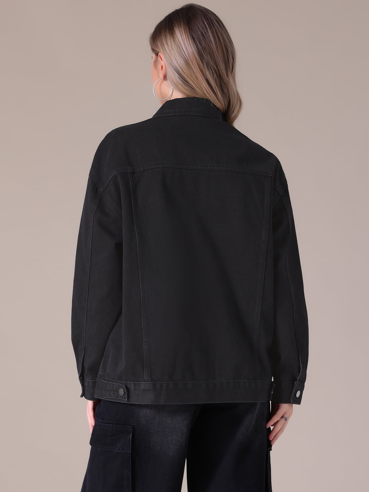 Unique Bargains Women's Casual Denim Jacket with Oversized Pockets XL Black