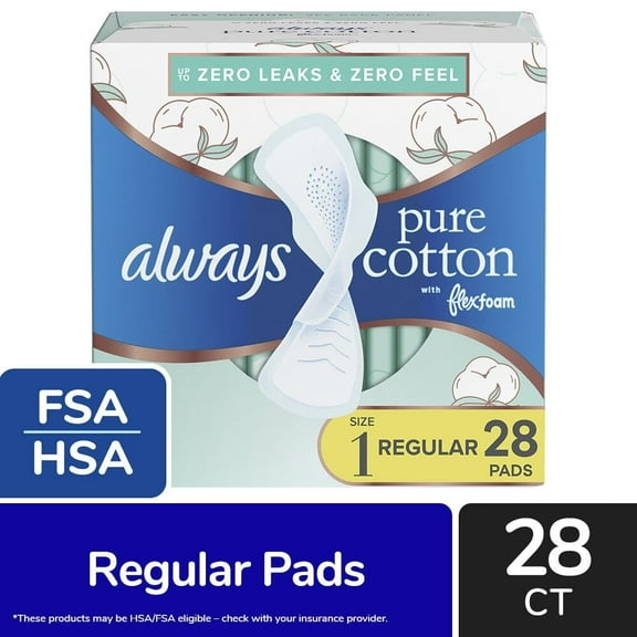 Pack of 2 Always Pure Cotton Feminine Pads for Women, Size 1, Regular, unscented with wings, 28 ct (Package May Vary)