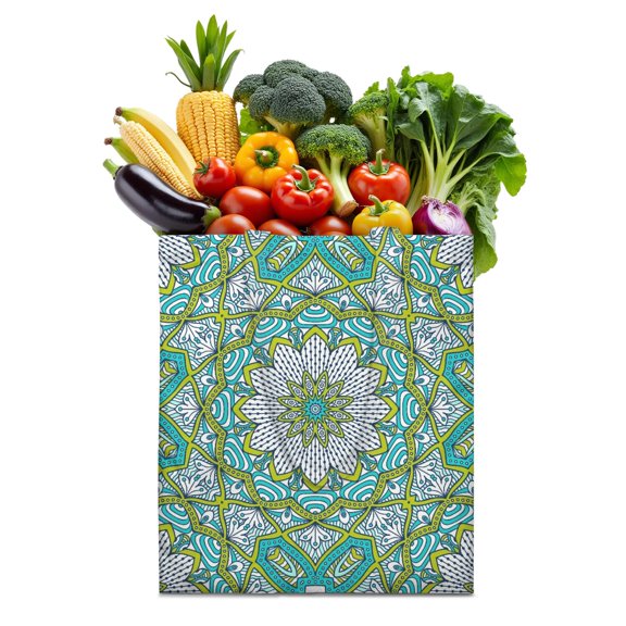 Mandala Print Reusable Canvas Tote Bag - Boho Tribal Ethnic Design with Sacred Geometric Patterns, Vintage Folk Art , Eco-Friendly Grocery Bag