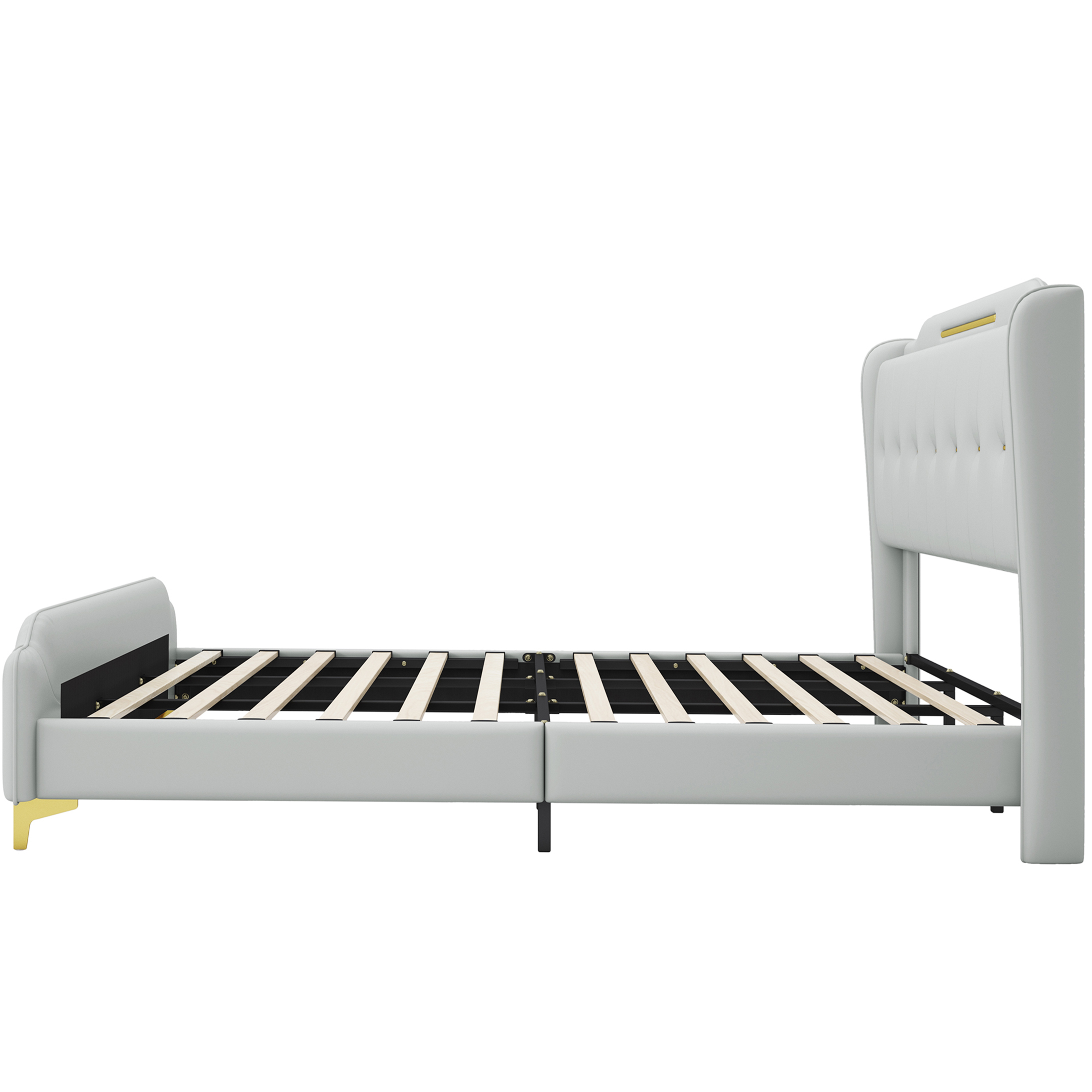 JERFIT King Size Upholstered Bed Frame with Wingback Headboard, Grey PU Leather Platform Bed with Gold Metal Accents, No Box Spring Needed