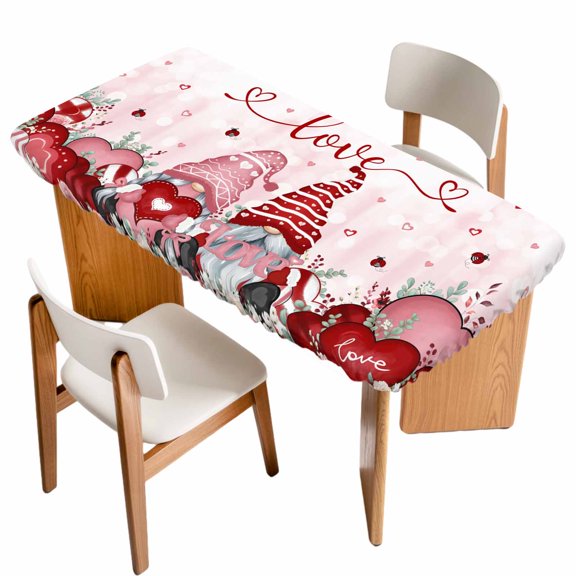 Pink Gnomes Valentines Table Cloths for 3 Foot Rectangle Tables, Red Love Heart Eucalyptus Leaves Patio Waterproof Elastic Fitted Tablecloths, Washable Rectangular Table Cover for Camping