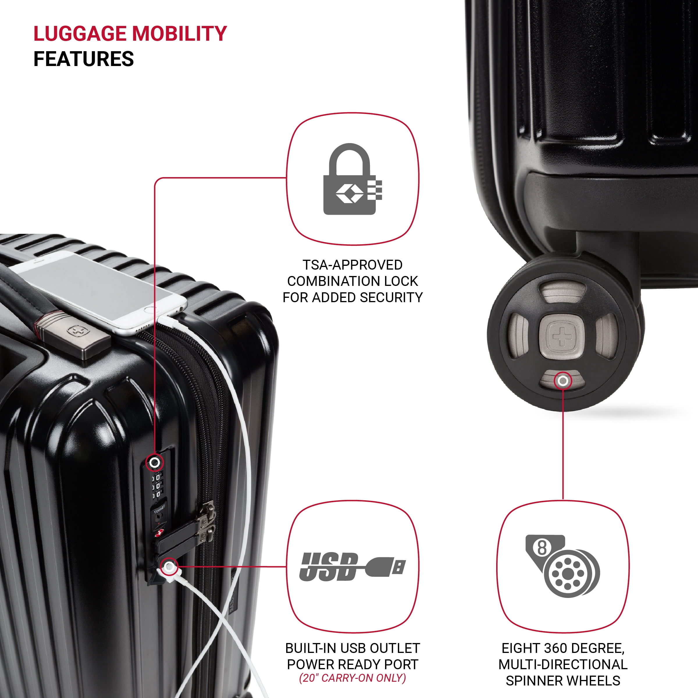 SWISSGEAR Ridge Hardside Expandable Carry-On Luggage with Spinner Wheels, TSA Lock and USB, Black