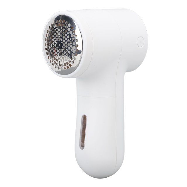 Electric Defuzzer, Sweater Shaver with 5 speed modes and 6 blades, designed for removing lint, pilling, and fuzz from clothes. The device is made of ABS material, features a compact white design with a visible lint collection compartment, and measures approximately 149 x 77 x 74 x 40mm. It includes a powerful motor, a 1200mAh lithium battery, a USB charging cable, and a cleaning brush.