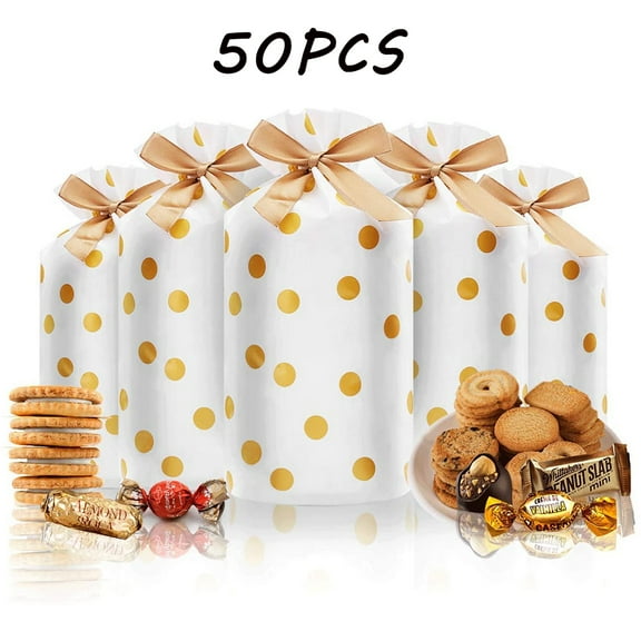 AMERTEER 50Packs Treat Bags with Drawstring Candy Bags, Plastic Favor Bag Drawstring Cookie Bags for Christmas Wedding Party Birthday Engagement Holiday Favor (Gold Polka Dot Print)