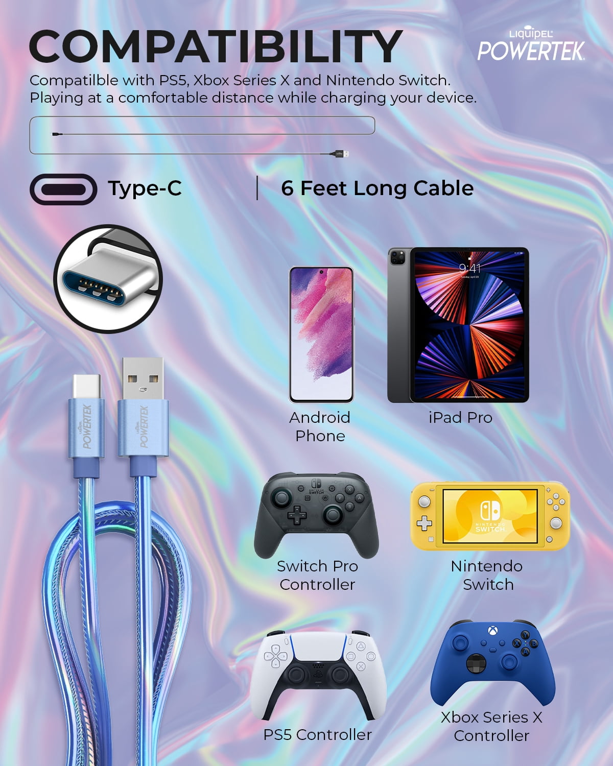 Powertek 6' USB Type A to USB Type-C Cable Wtih Wall Charger Adapter, Light Blue