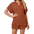 thumbnail image 4 of Hanerdun Women 2PCS Pajamas Sleepwear Female Short Sleeve Top & Shorts Pjs Set Brown 2XL, 4 of 6
