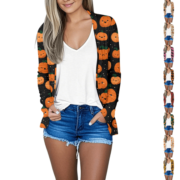 Halloween Cardigan for Women Long Cute Print Fall Sweaters Long Sleeve Open Front Irregular Lightweight Cardigans
