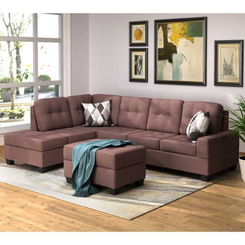 3 Piece Sectional Sofa Microfiber With Reversible Chaise Lounge Storage Ottoman And Cup Holders Brown Walmart Com Walmart Com