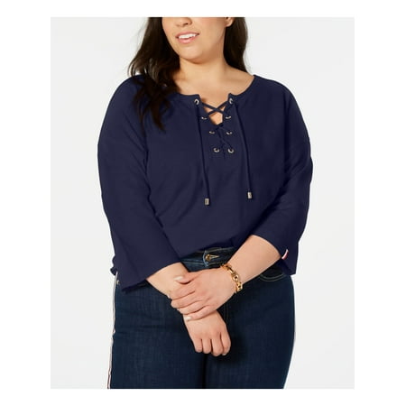 TOMMY HILFIGER Womens Navy Lace Up 3/4 Sleeve Jewel Neck Top Plus 3X