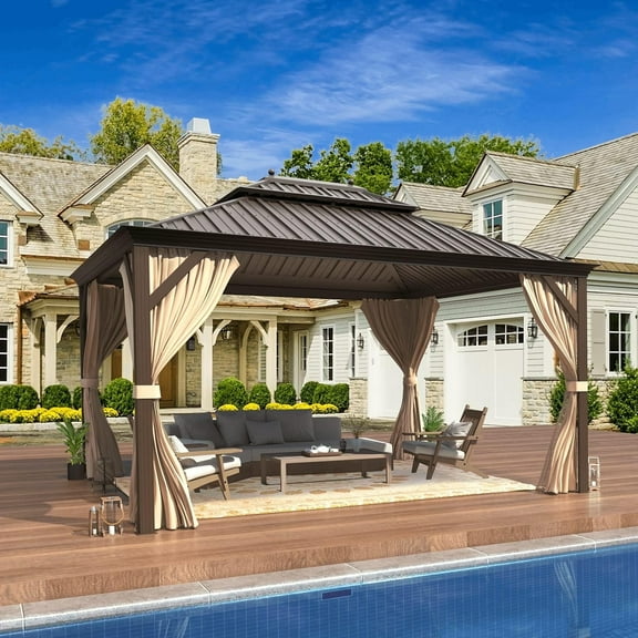EROMMY 10' x 12' Hardtop Gazebo, Galvanized Steel Metal Double Roof Aluminum Gazebo with Curtains and Netting, Brown Permanent Pavilion Gazebo