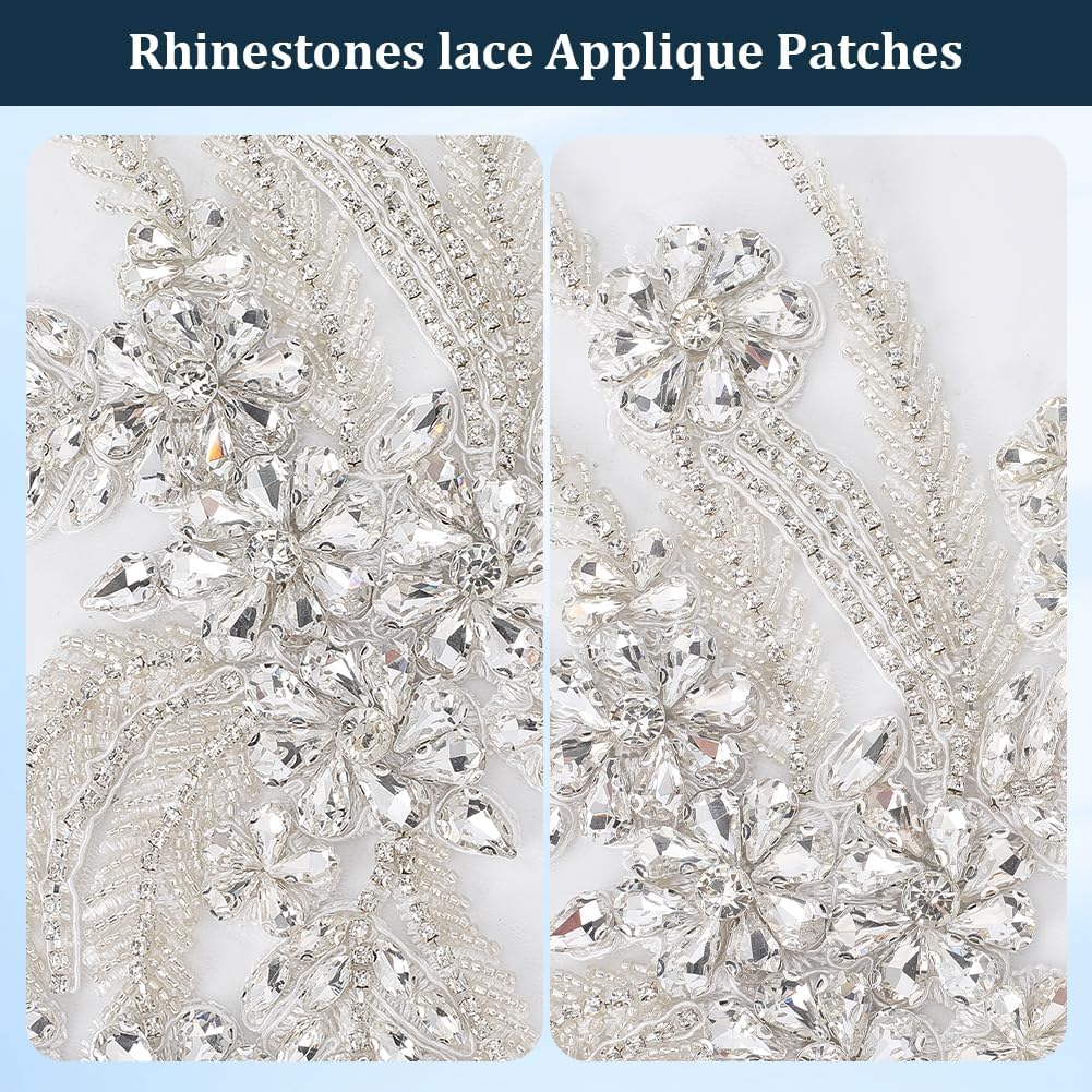 2Pcs Rhinestone Beaded Floral Embroidered Appliques Handmade 3D Shiny Bling Sequins Stone Embroidery Flower Lace Trim Applique Patches for Sewing Making Dress Gowns Wedding Clothes