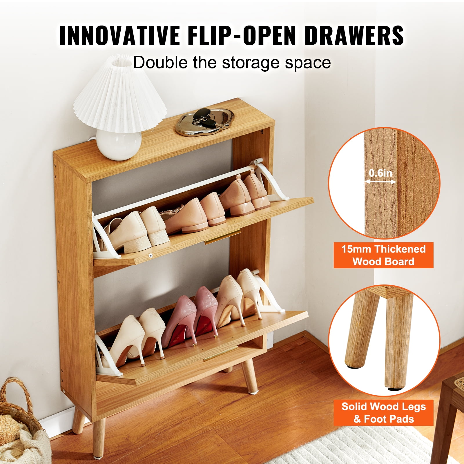 VEVOR Rattan Shoe Cabinet with 2 Flip Drawers, Brown, 28 lbs
