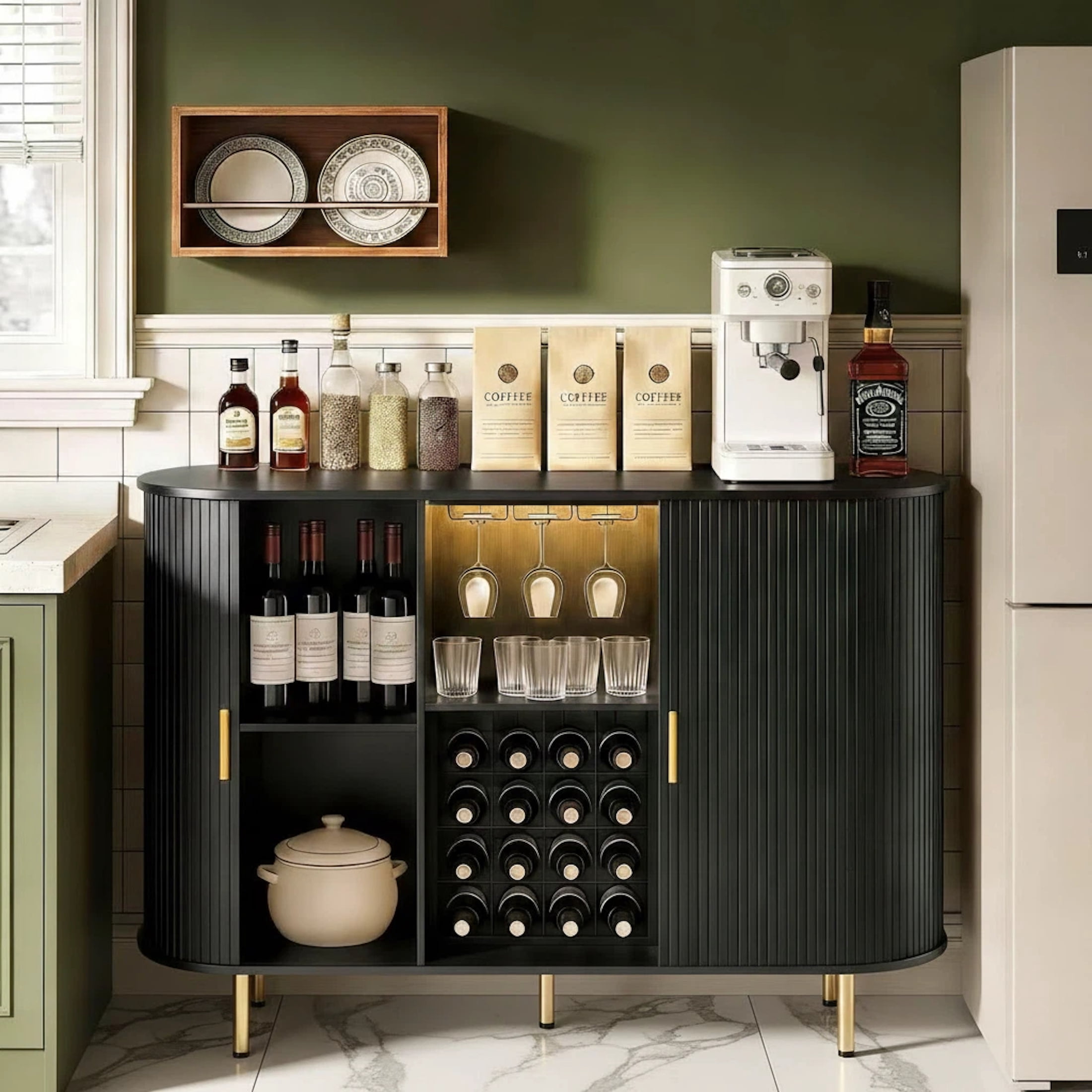 Aisword 55" Wine Bar Cabinet with Storage, Fluted Liquor Coffee Bar Cabinet with LED Lights, Buffet Sideboard, Black