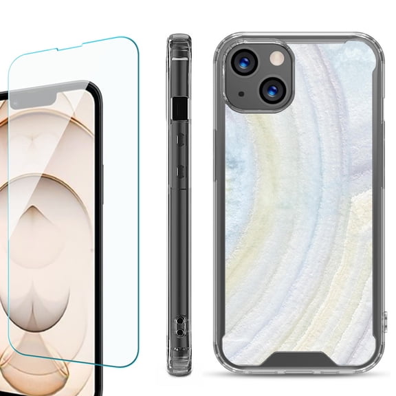 Shockproof Bumper Phone Case for iPhone 13, with Tempered Glass Screen Protector, by OneToughShield ® - Marble / Rainbow
