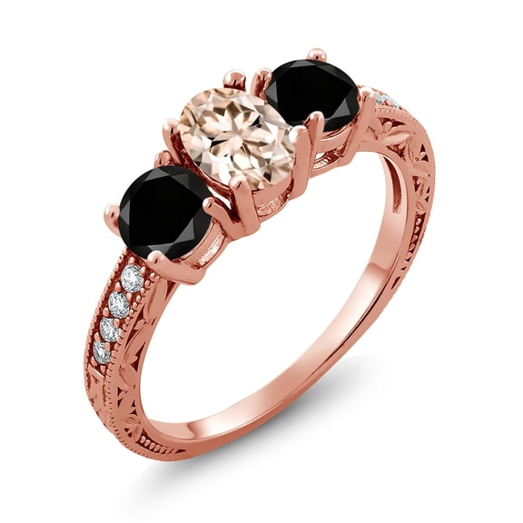Gem Stone King 1.87 Ct Oval Peach Morganite Black Diamond 18K Rose Gold Plated Silver Moissanite Ring (Size 5)