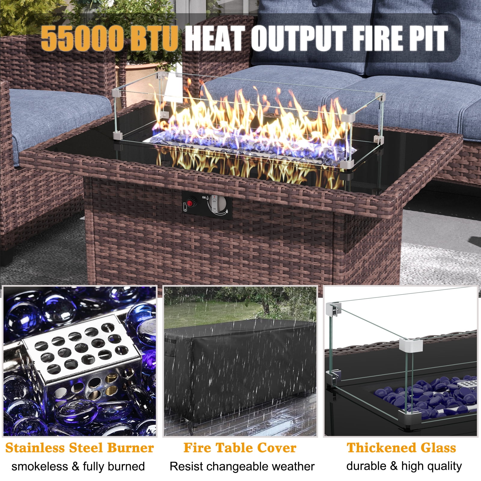 Layinsun 7 Pieces Patio Furniture Set with Swivel Chairs, Rattan Wicker Rocking Glide Chairs with 44" Propane Gas Fire Pit Table Conversation Set
