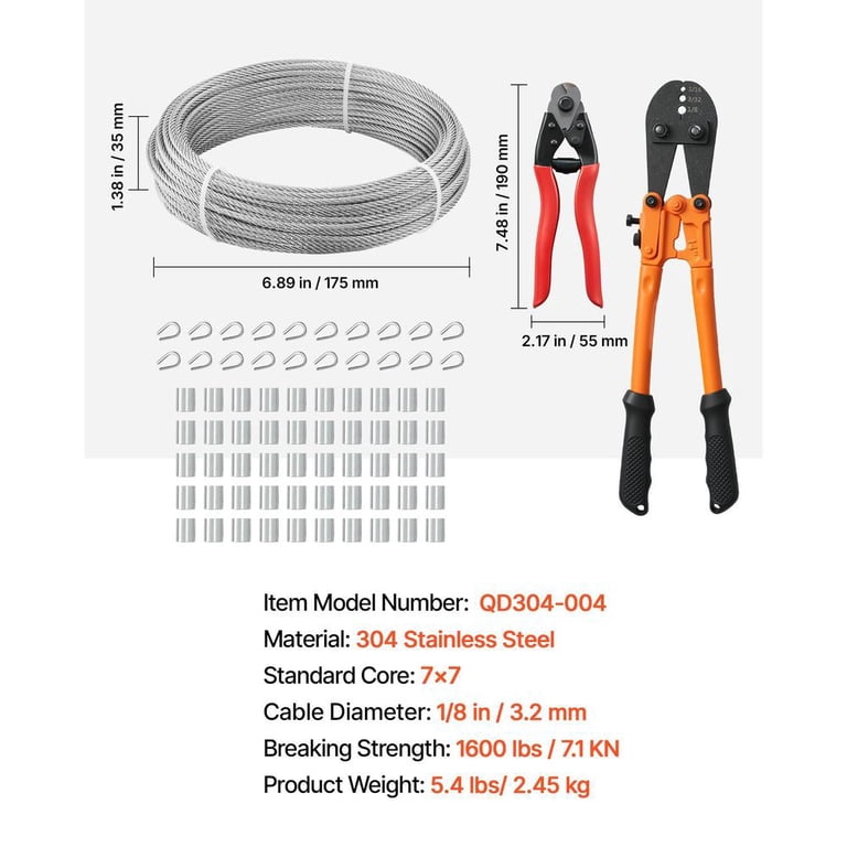 1/8 Inch Wire Rope Kit, 100 Ft 304 Stainless Steel Cable, 7 X 7 Strands ...