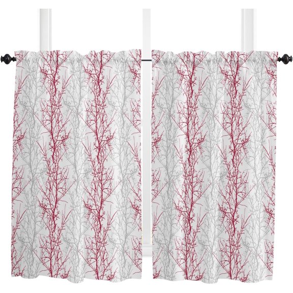 63 Inch Long Tier Curtains for Kitchen, Pink Grey Tree Branch Bathroom Window Curtains Rod Pocket Short Curtains Window Treatment Tiers for Living Room Farmhouse 2 Panels