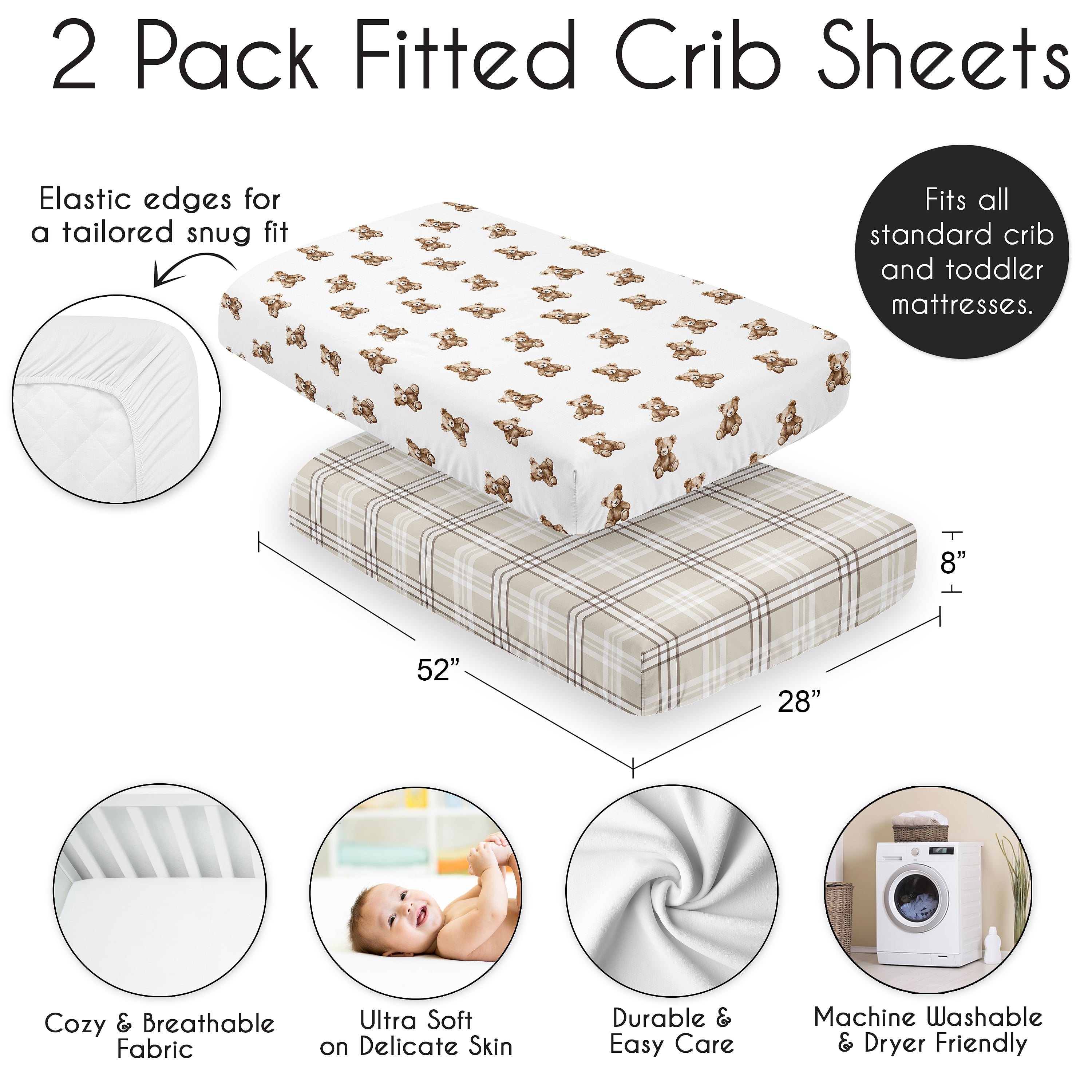 Sweet Jojo Designs Boho Teddy Bear & Plaid Boy, Girl, Unisex/Gender Neutral Fitted Crib Sheets Set 2 Piece