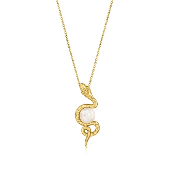 Ross-Simons 8-8.5mm Cultured Pearl Snake Pendant Necklace in 18kt Gold Over Sterling, Women's, Adult