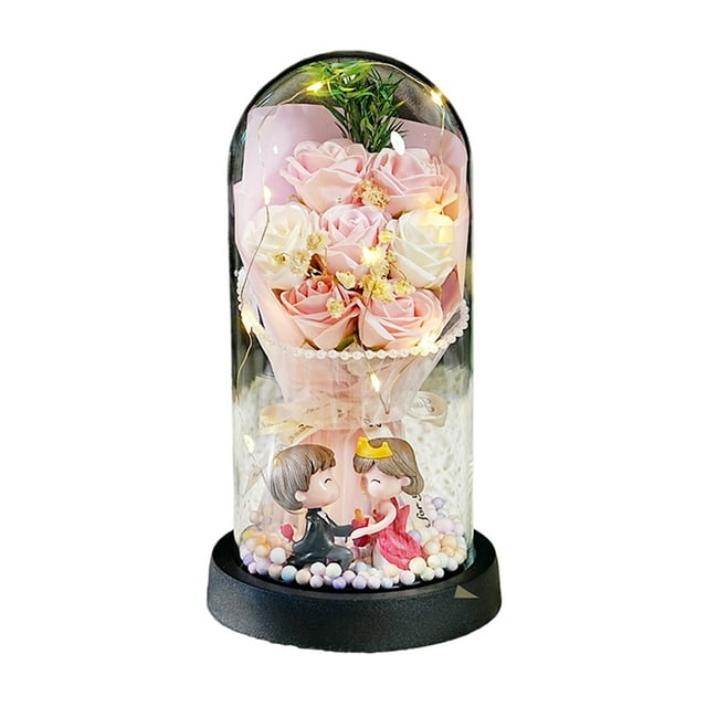 Luz Nocturna con Ramo de Rosas Artificiales y Cubierta de Cristal | Regalo Romántico de Flores de Jabón Led para Novia o Esposa | Decoración de Cumpleaños y Aniversario | Lámpara Floral de Larga Dura