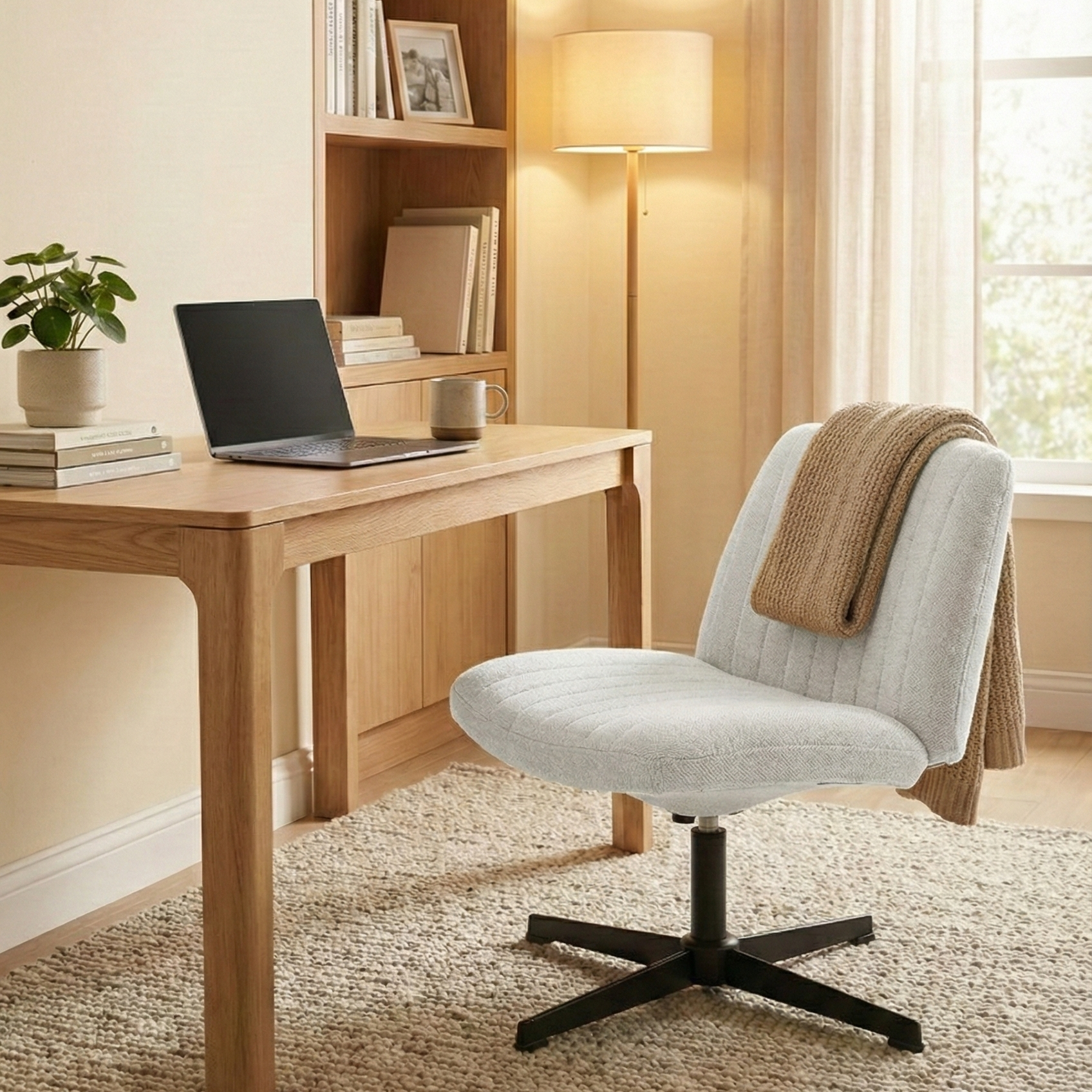 Nouhaus Criss Cross Line Chair, Cross Legged Vanity Chair No Wheels, Height Adjustable Wide Seat Computer Task Chair Home Office Chairs