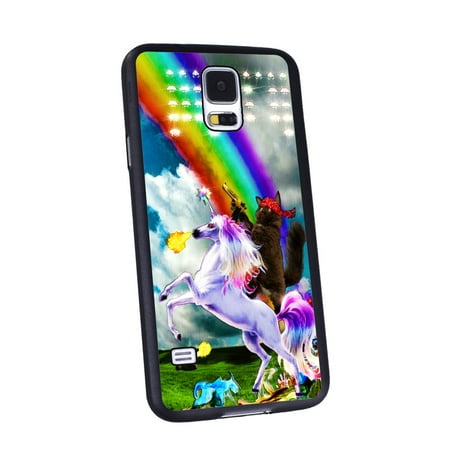KuzmarK Samsung Galaxy S5 Black Cover Case - Kitty Cat Gold Gun Rainbow