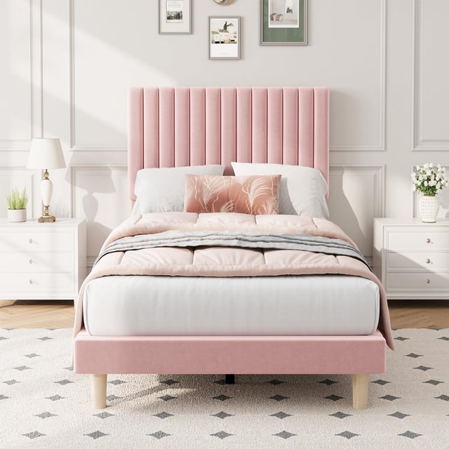Twin Size Bed Frame, Upholstered Platform Bed Frame with Vertical Channel Tufted Adjustable Headboard, Strong Wooden Slats Support